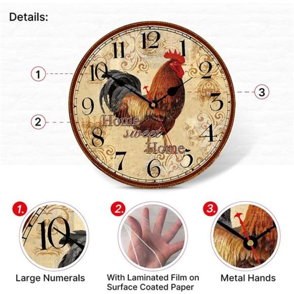 14 Inch Rustic Rooster Wall Clock Retro Silent Non Ticking Easy to Read Clock - Picture 2 of 6